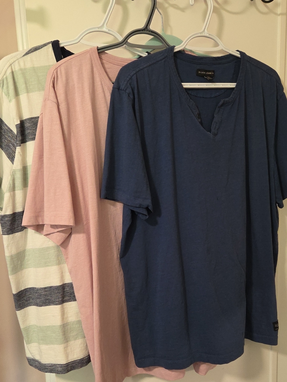 Silver Jeans Short-Sleeve V-Notch Tee Navy, Pastel Pink and Striped Tees